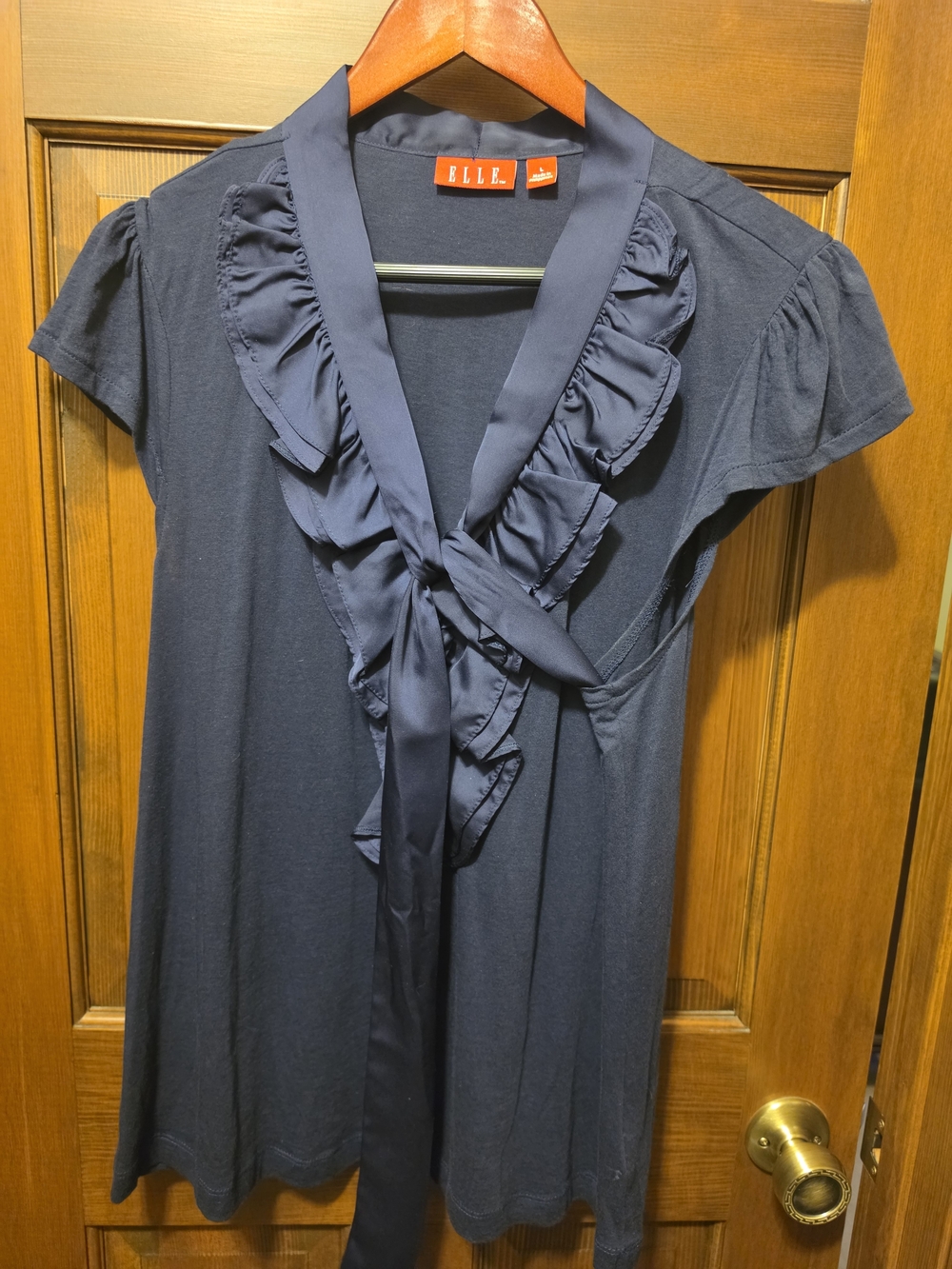 ELLE Navy Ruffle-Trim Top